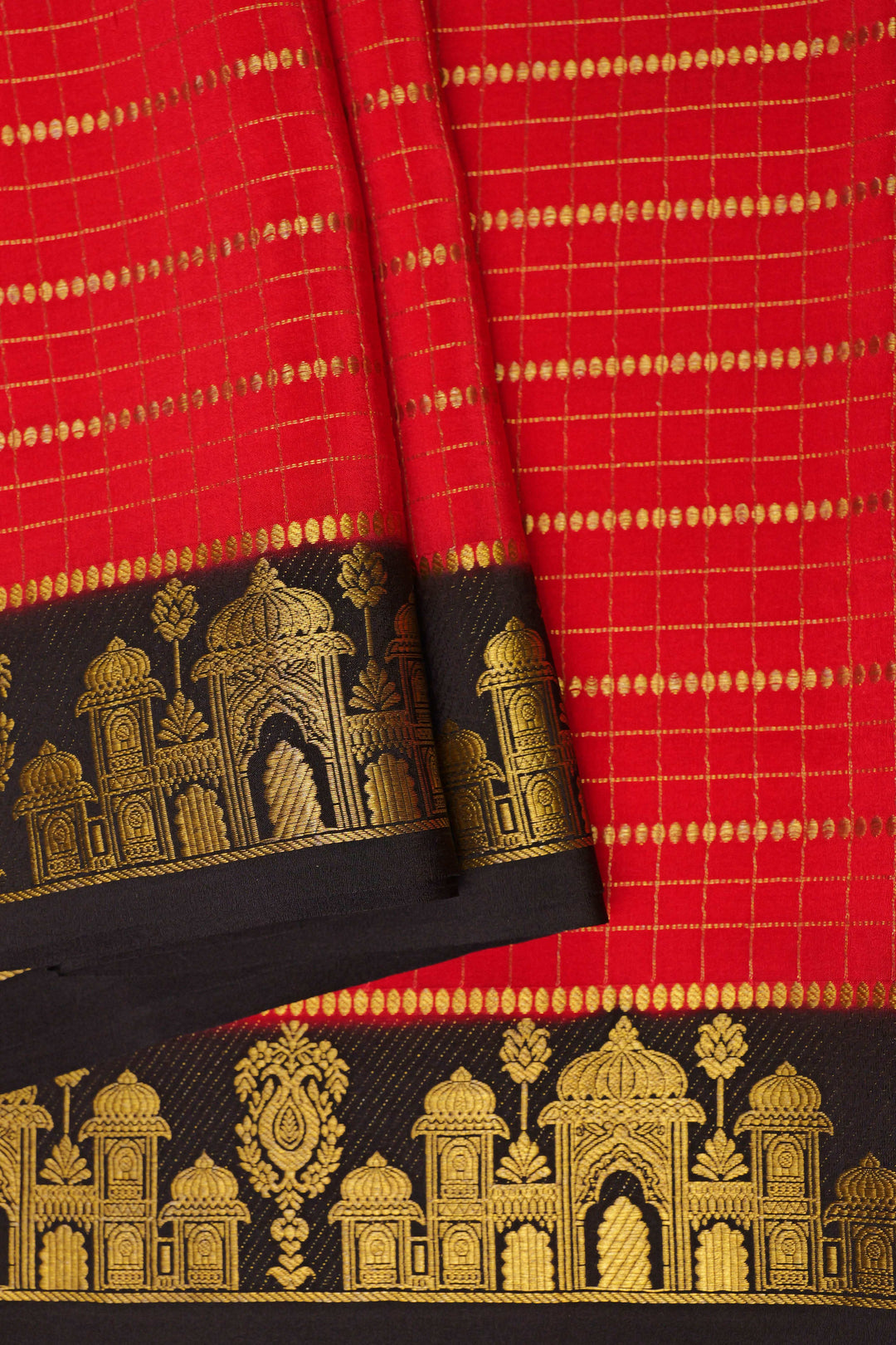 Aramane border Pure Gold Lace Mysore Silk Saree in Red and Black Color with Contrast Blouse