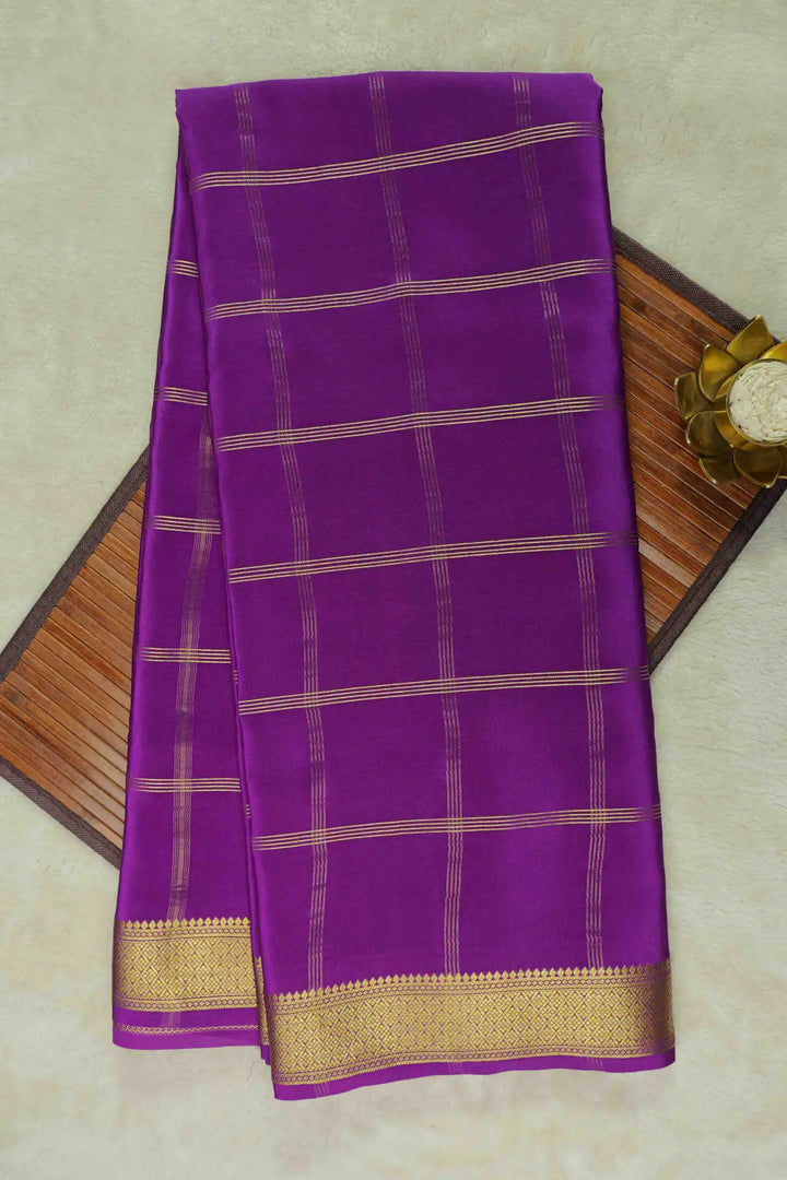 Big Checks Gold Lace Border Mysore Silk Saree in Purple Color with Self Purple Blouse Piece