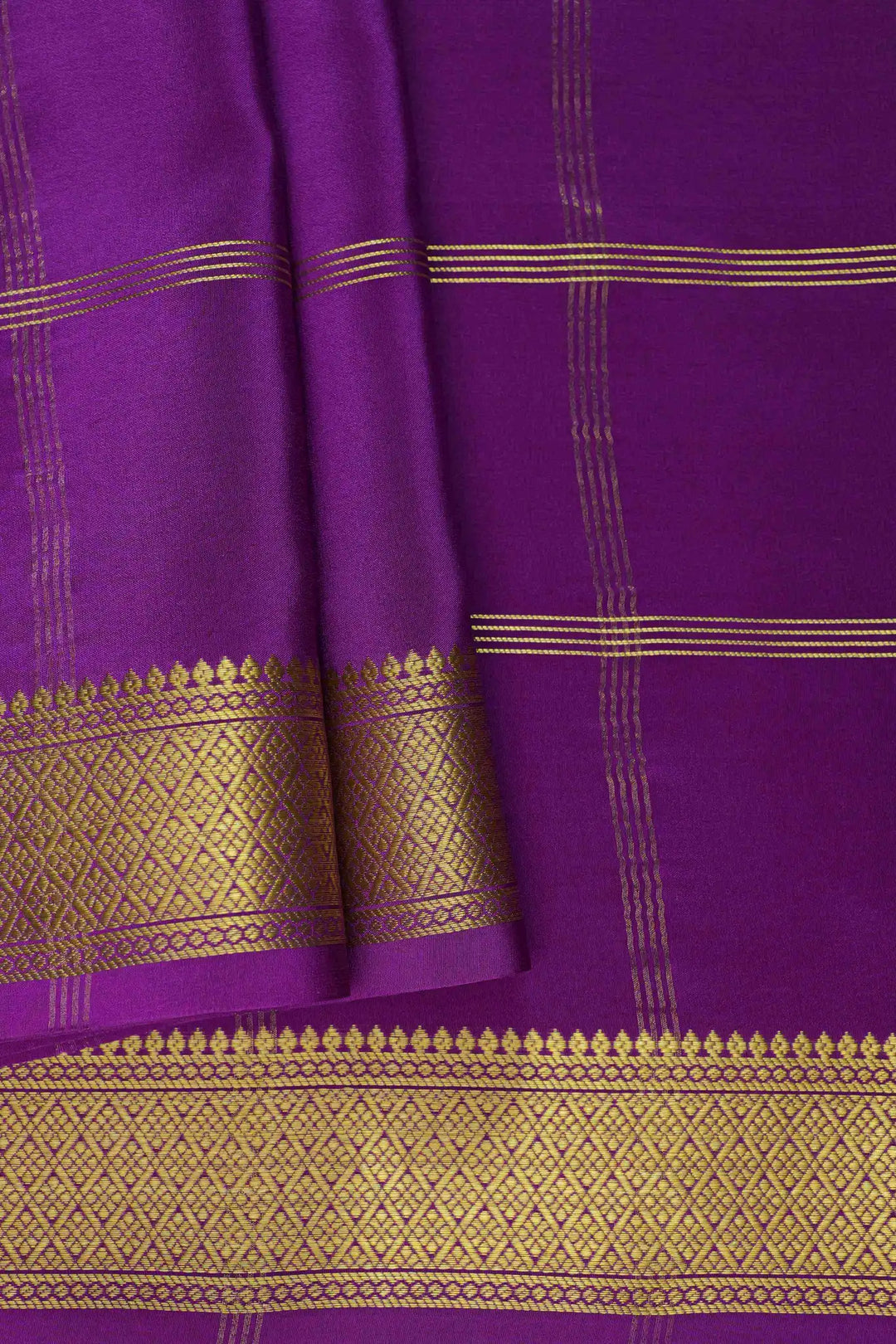 Big Checks Gold Lace Border Mysore Silk Saree in Purple Color with Self Purple Blouse Piece