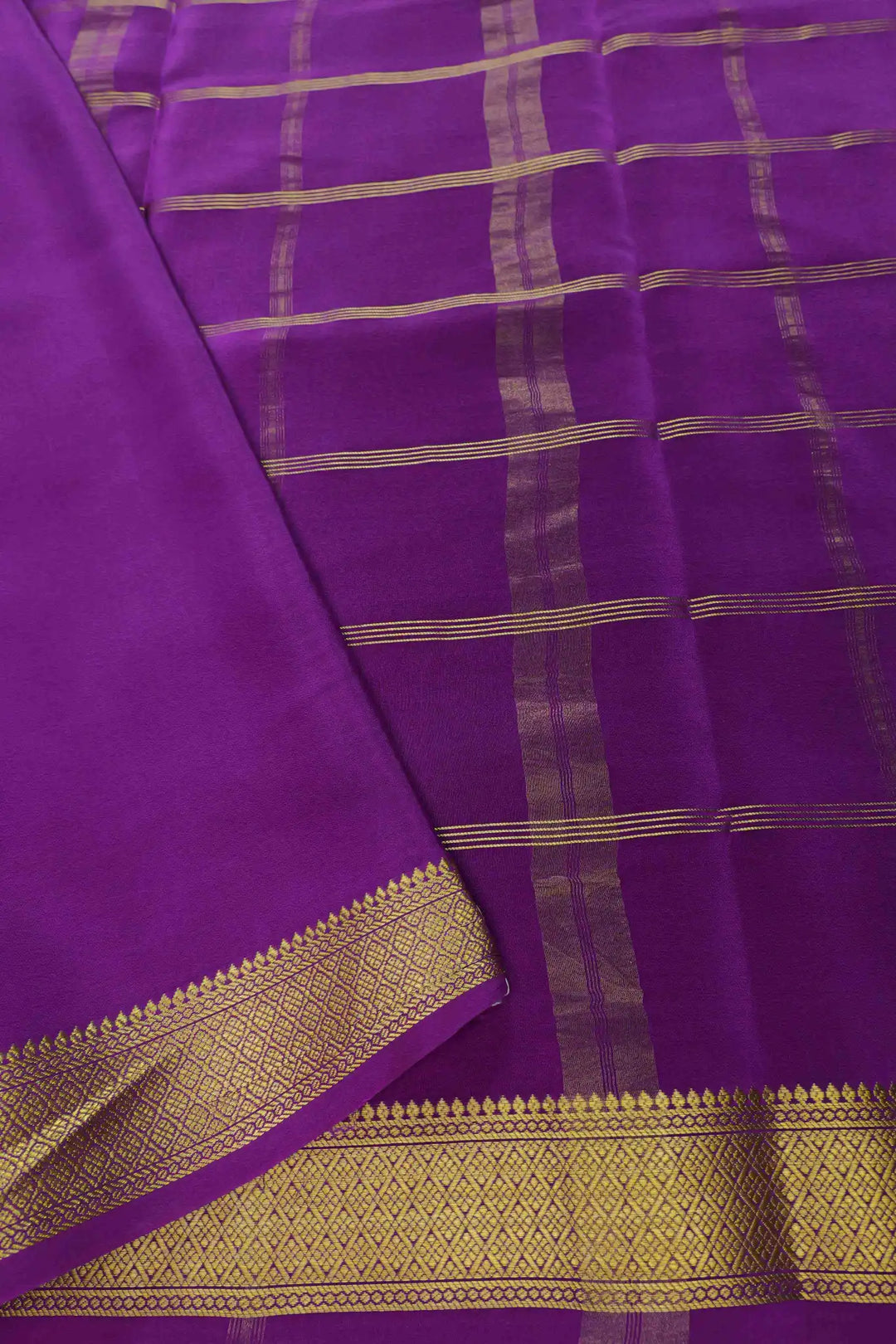 Big Checks Gold Lace Border Mysore Silk Saree in Purple Color with Self Purple Blouse Piece