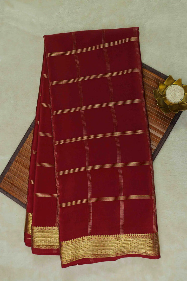 Big Checks Gold Lace Border Mysore Silk Saree in Maroon Color with Self Maroon Blouse Piece