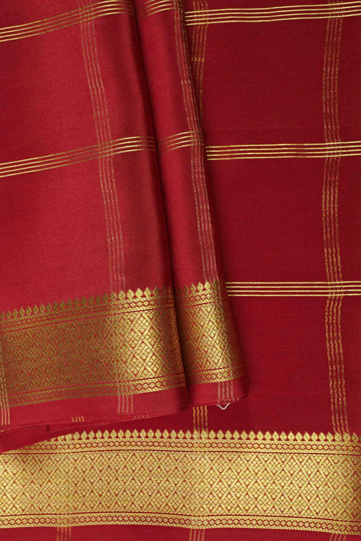 Big Checks Gold Lace Border Mysore Silk Saree in Maroon Color with Self Maroon Blouse Piece