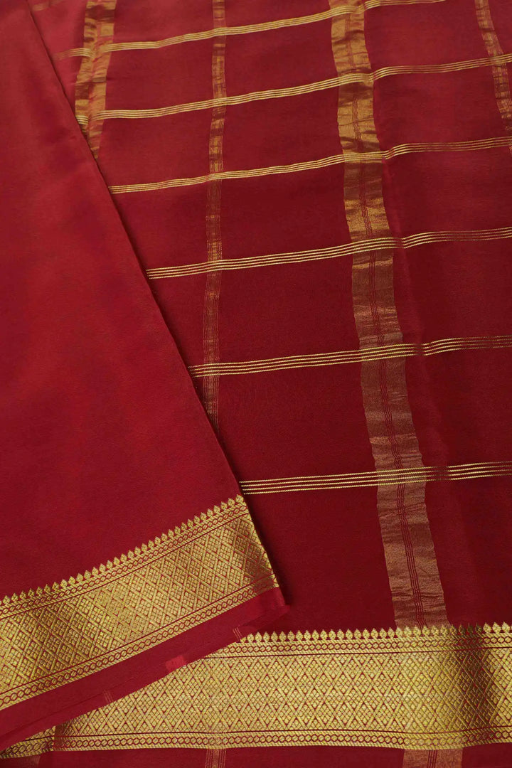 Big Checks Gold Lace Border Mysore Silk Saree in Maroon Color with Self Maroon Blouse Piece
