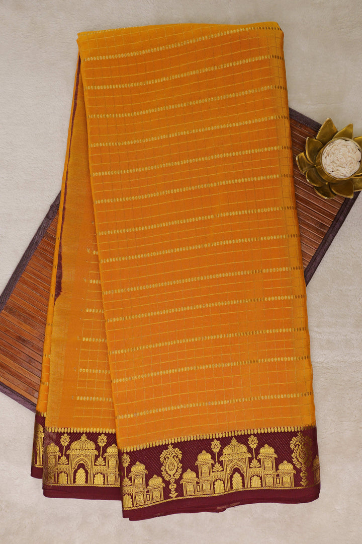 Aramane border Pure Gold Lace Mysore Silk Saree in Yellow and Brown Color with Contrast Blouse
