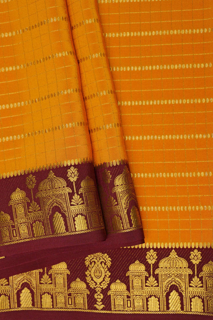 Aramane border Pure Gold Lace Mysore Silk Saree in Yellow and Brown Color with Contrast Blouse