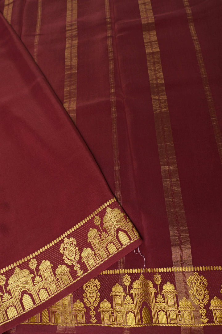 Aramane border Pure Gold Lace Mysore Silk Saree in Yellow and Brown Color with Contrast Blouse