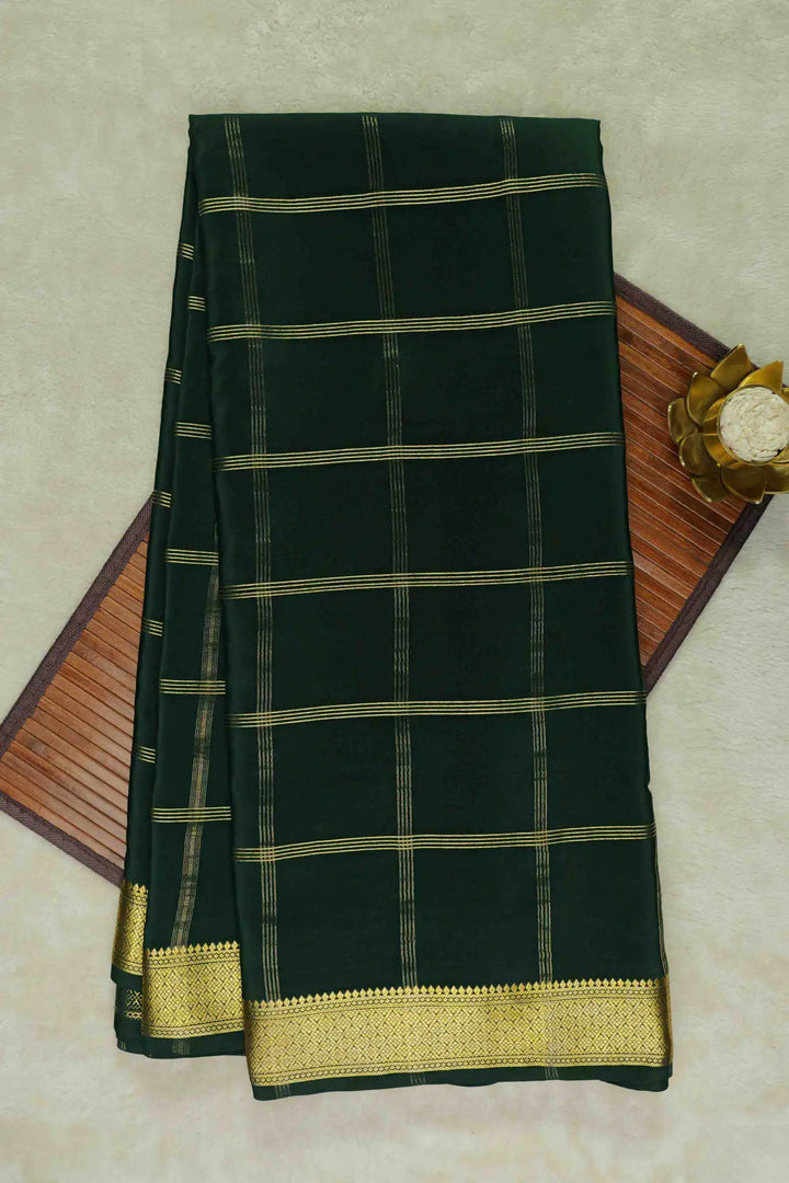 Big Checks Gold Lace Border Pure Mysore Silk Saree in Green Color with Self Green Blouse Piece