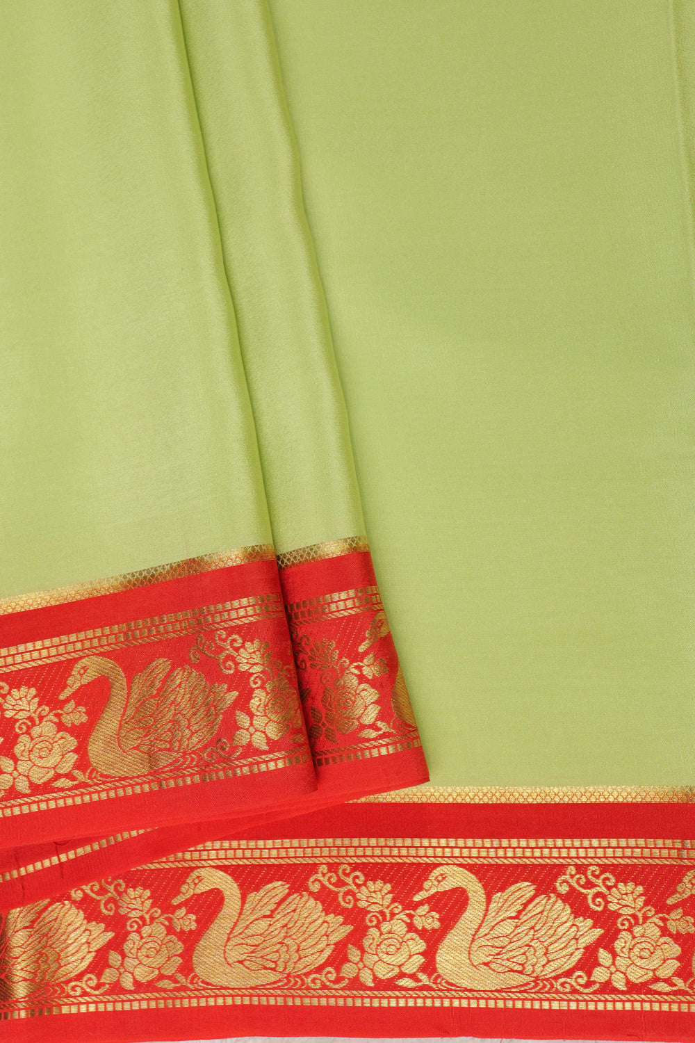 Swan border Pure Gold Lace Mysore Silk Saree in Green and Orange Color with Contrast Blouse