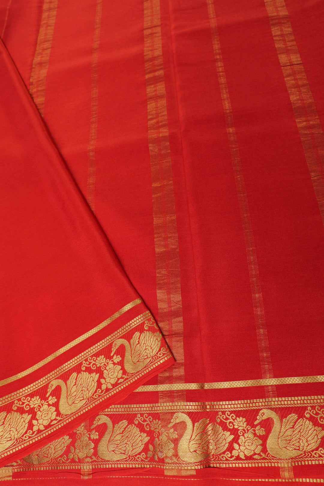 Swan border Pure Gold Lace Mysore Silk Saree in Green and Orange Color with Contrast Blouse