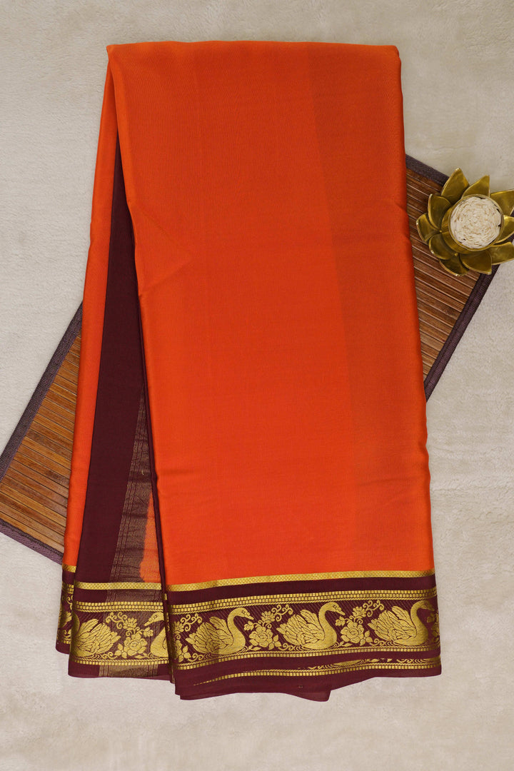 Swan border Pure Gold Lace Mysore Silk Saree in Orange and Brown Color with Contrast Blouse