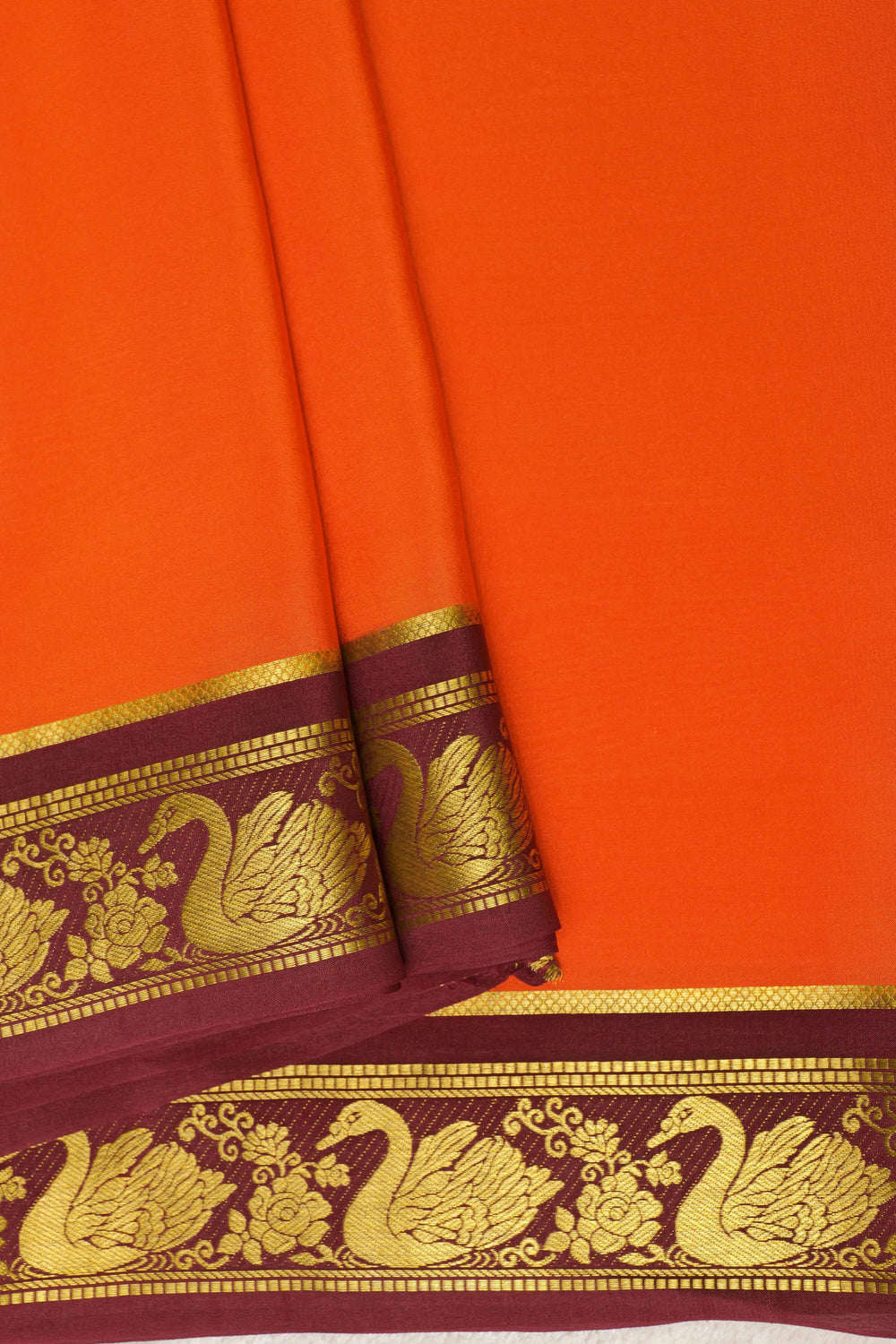 Swan border Pure Gold Lace Mysore Silk Saree in Orange and Brown Color with Contrast Blouse