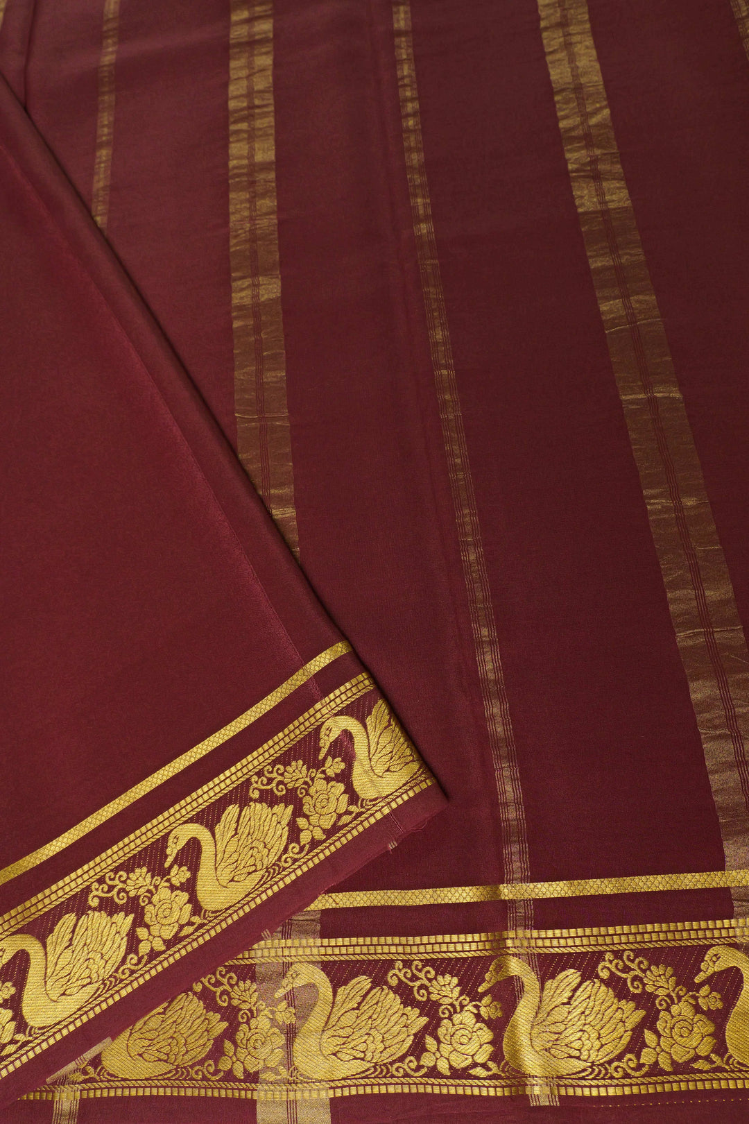 Swan border Pure Gold Lace Mysore Silk Saree in Orange and Brown Color with Contrast Blouse