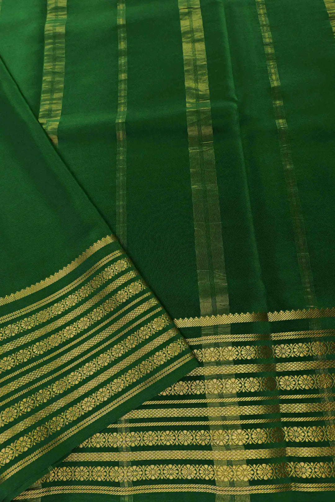 Mysore Silk Saree in Green Color and Gold Lace Big Border with Self Green Blouse Piece