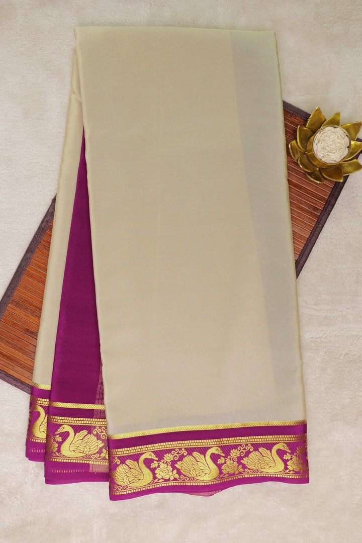 Swan border Pure Gold Lace Mysore Silk Saree in White and Pink Color with Contrast Blouse