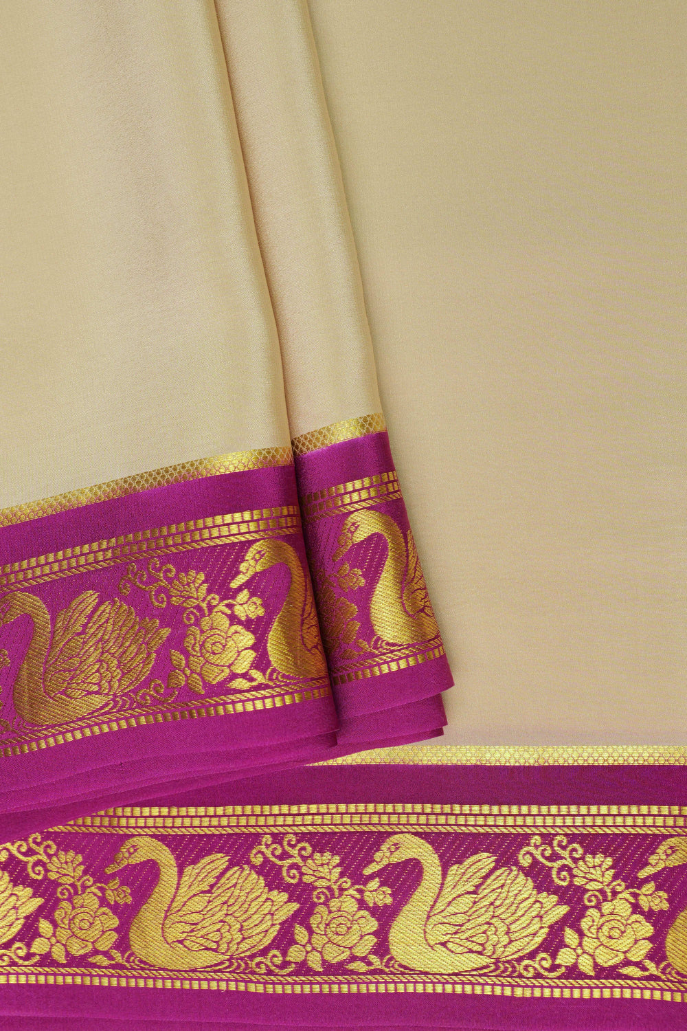 Swan border Pure Gold Lace Mysore Silk Saree in White and Pink Color with Contrast Blouse