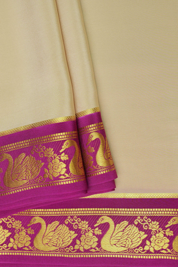 Swan border Pure Gold Lace Mysore Silk Saree in White and Pink Color with Contrast Blouse