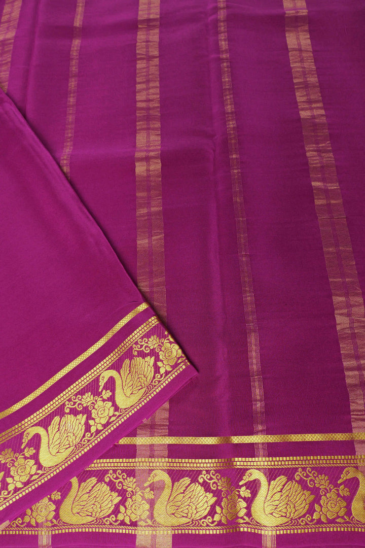 Swan border Pure Gold Lace Mysore Silk Saree in White and Pink Color with Contrast Blouse