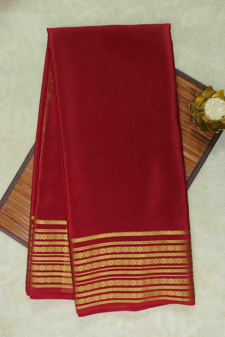 Pure Mysore Silk Saree in Red Color and Gold Lace Big Border with Self Red Blouse Piece