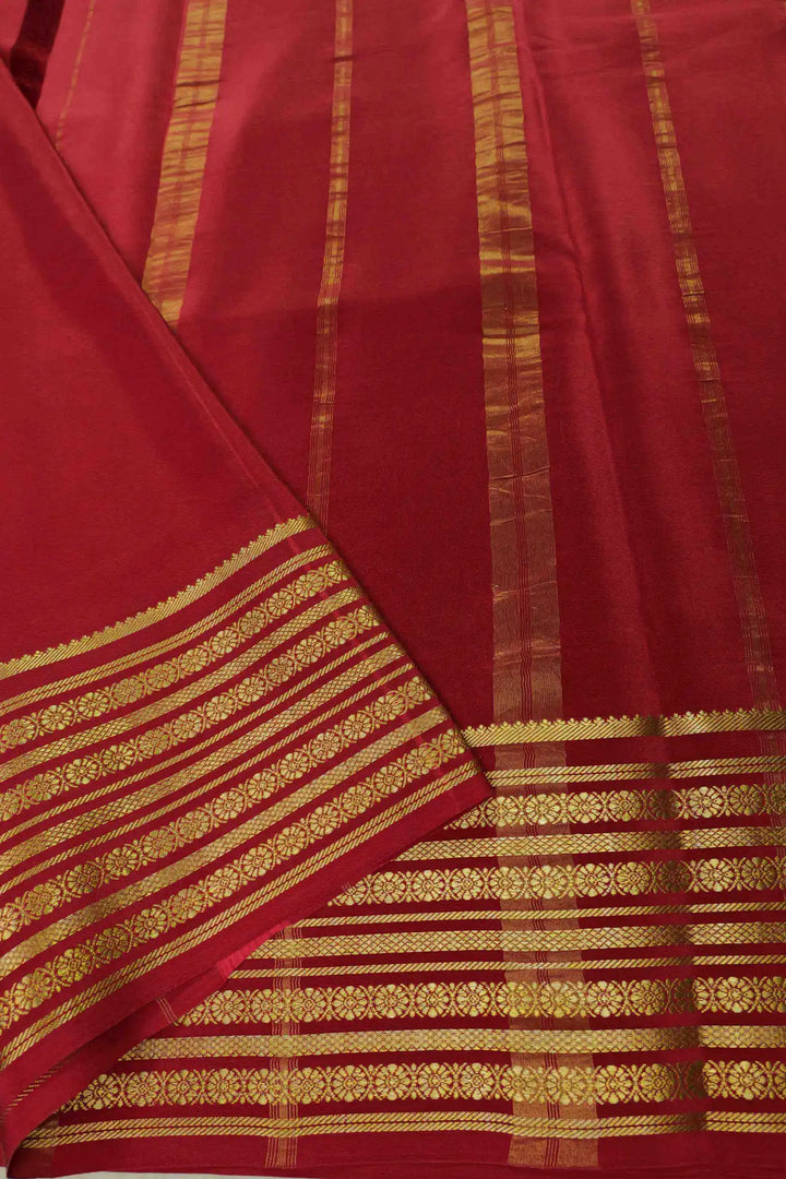 Pure Mysore Silk Saree in Red Color and Gold Lace Big Border with Self Red Blouse Piece