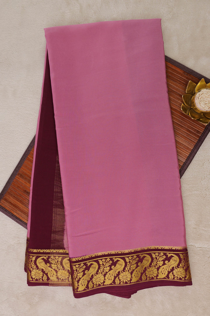 Pink Pure Gold Lace Mysore silk saree with Brown and Peacock gold border with Contrast Blouse