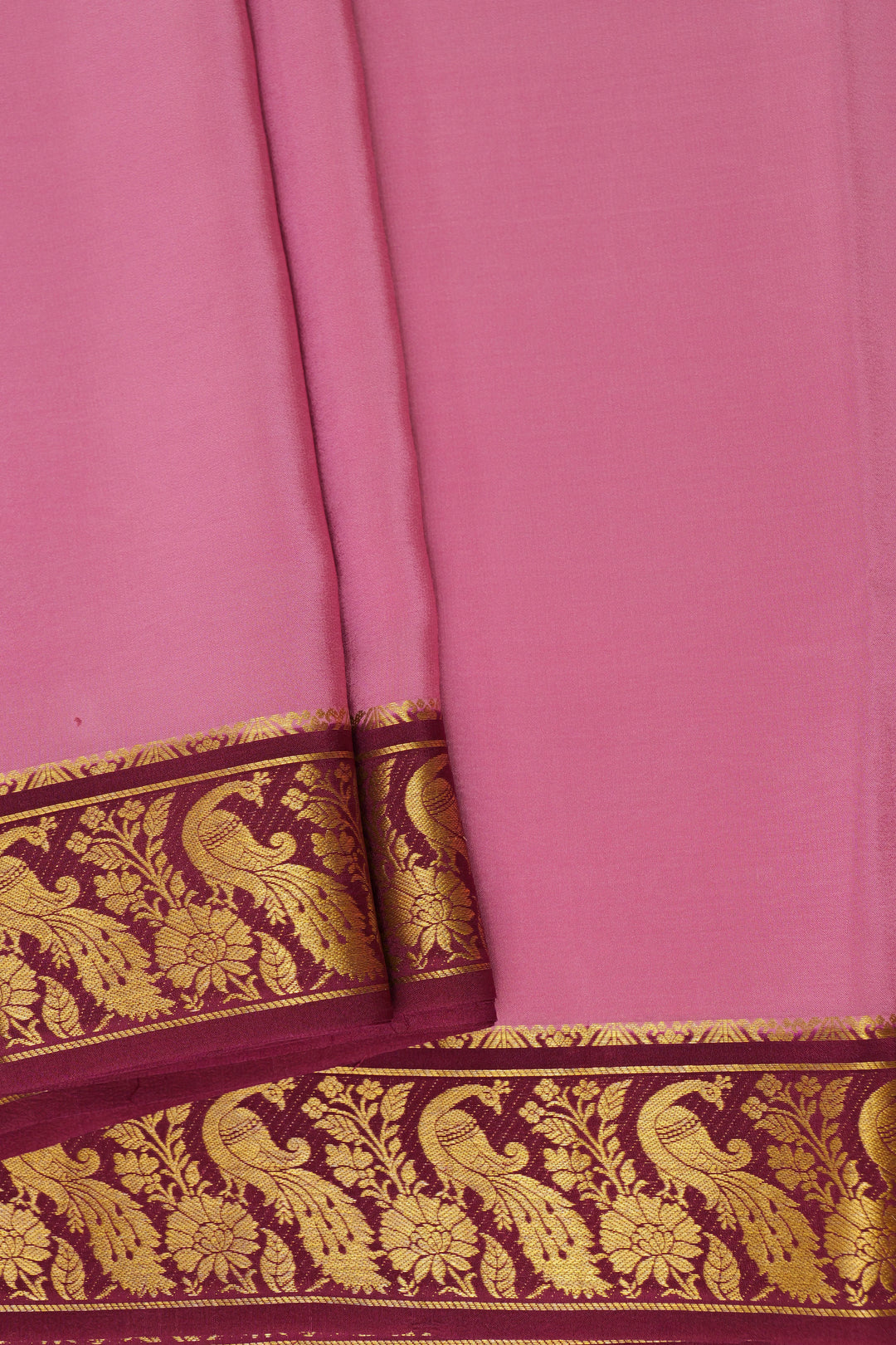 Pink Pure Gold Lace Mysore silk saree with Brown and Peacock gold border with Contrast Blouse