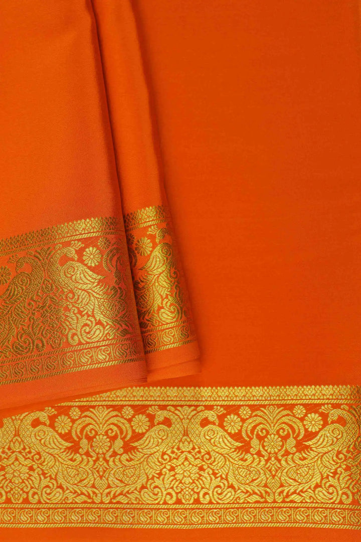 Peacock Border Mysore Silk Saree in Orange Color with Gold Lace Border and Self Orange Blouse