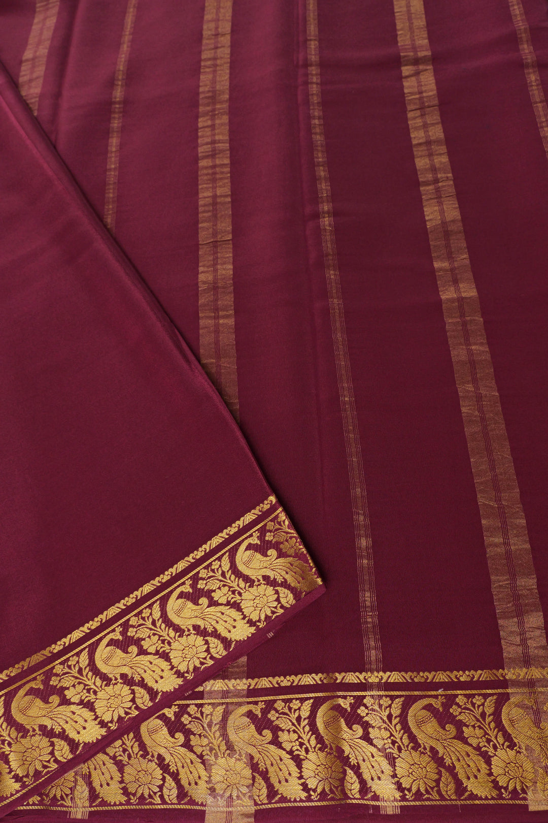 Pink Pure Gold Lace Mysore silk saree with Brown and Peacock gold border with Contrast Blouse