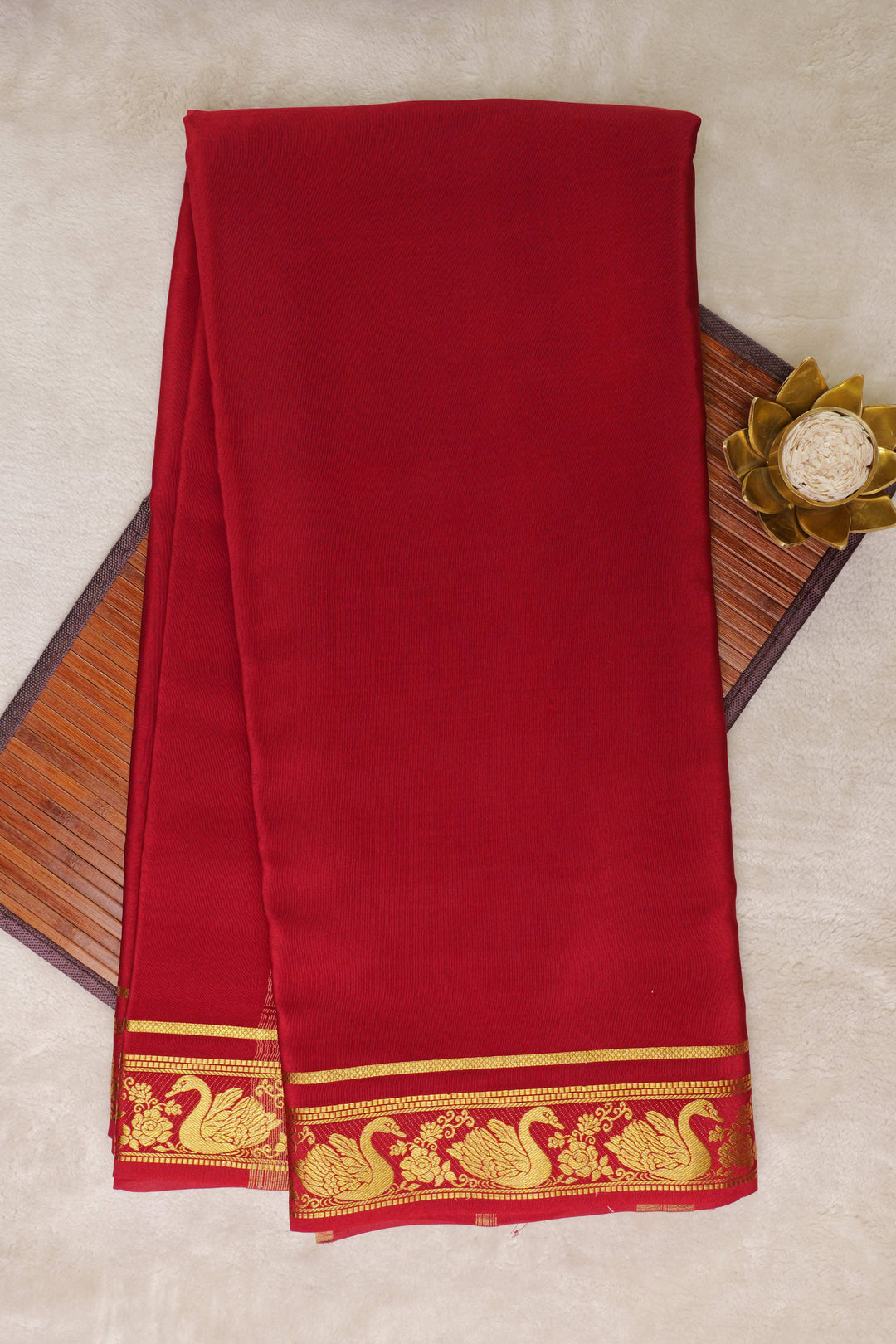 Swan border Pure Gold Lace Mysore Silk Saree in Red Color with Self Blouse - Atharva