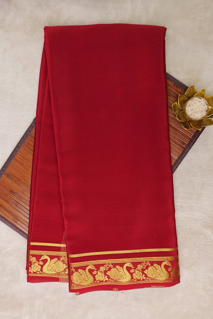 Swan border Pure Gold Lace Mysore Silk Saree in Red Color with Self Blouse - Atharva