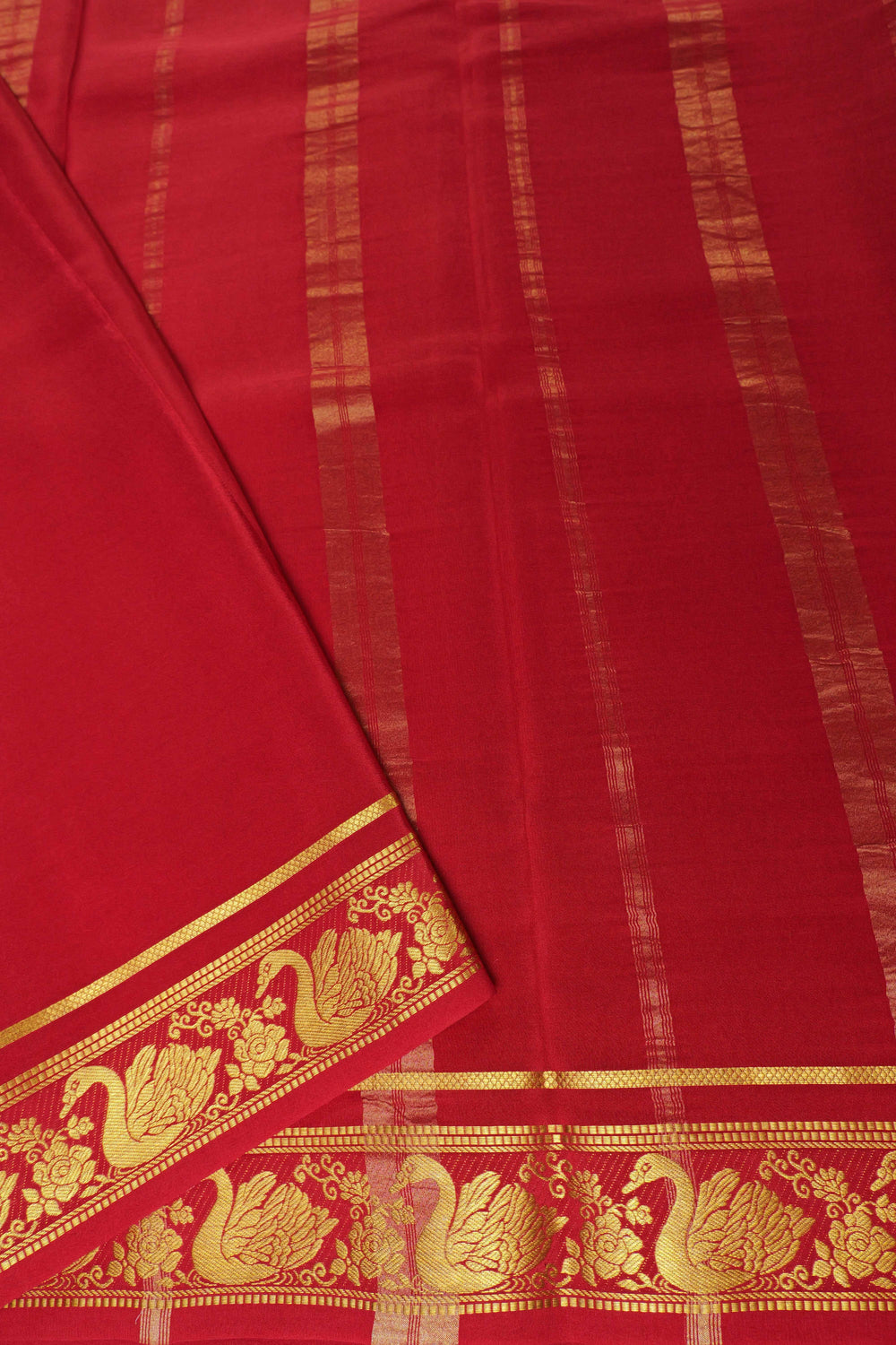 Swan border Pure Gold Lace Mysore Silk Saree in Red Color with Self Blouse - Atharva