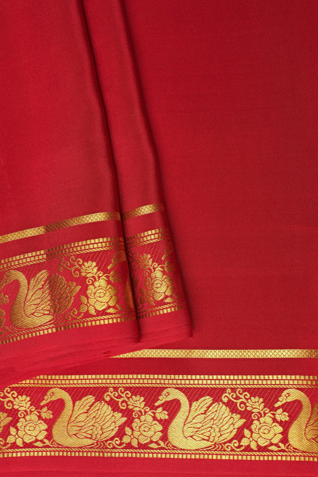 Swan border Pure Gold Lace Mysore Silk Saree in Red Color with Self Blouse - Atharva