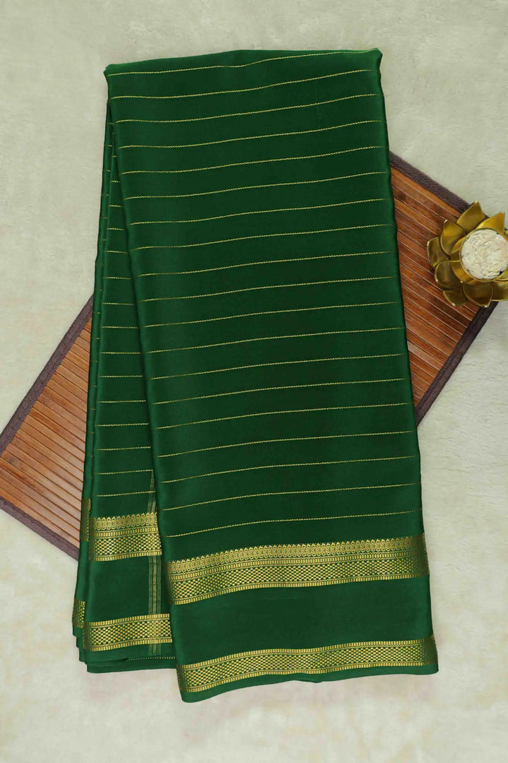 Checks Pattern Mysore Silk Saree in Green Color with Gold Lace Border and Self Green Blouse Piece