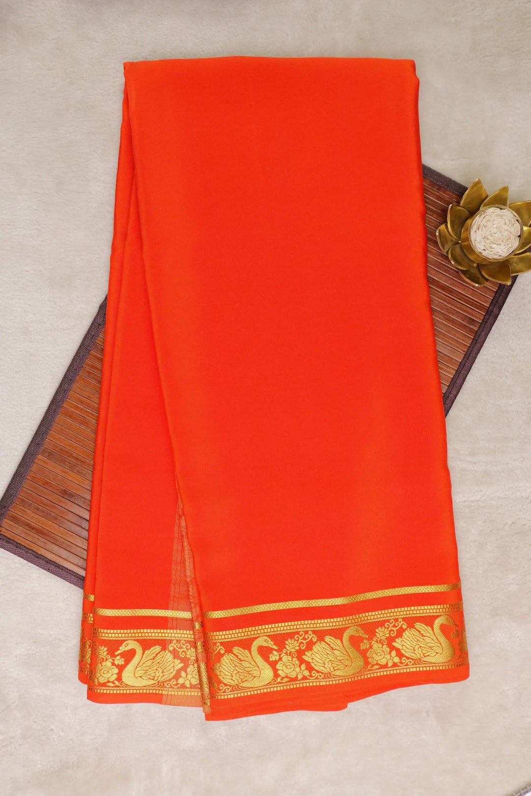 Swan border Pure Gold Lace Mysore Silk Saree in Orange Color with Self Blouse