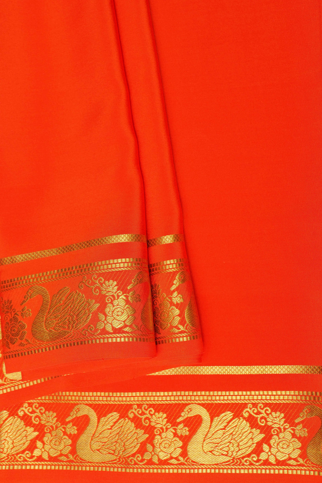 Swan border Pure Gold Lace Mysore Silk Saree in Orange Color with Self Blouse
