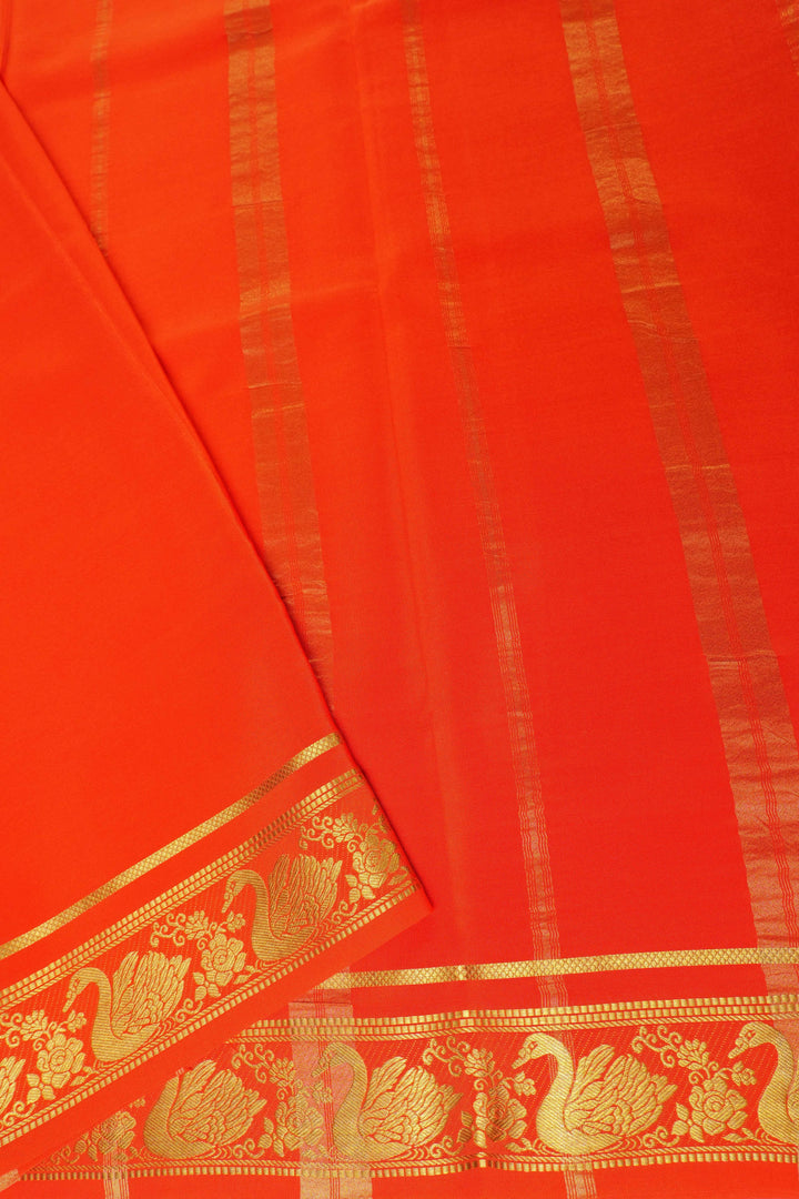 Swan border Pure Gold Lace Mysore Silk Saree in Orange Color with Self Blouse