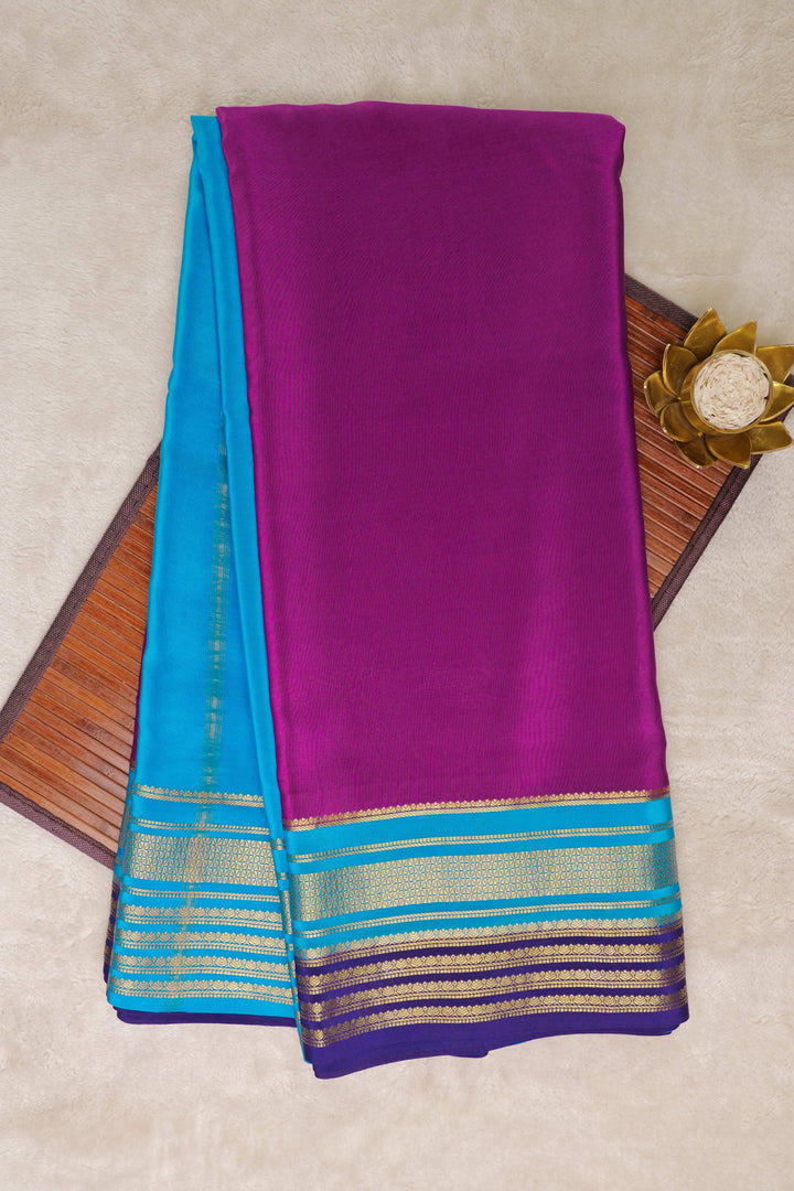Big border 3D Pure Gold Lace Mysore Silk Saree in Purple and Blue Color with Contrast Blouse
