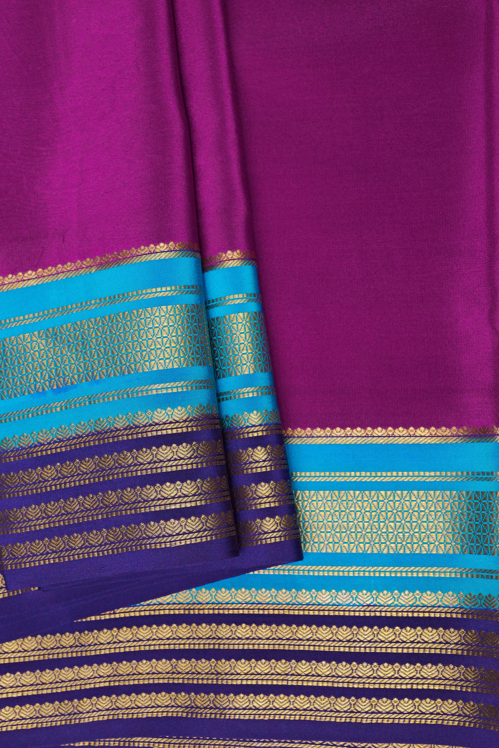 Big border 3D Pure Gold Lace Mysore Silk Saree in Purple and Blue Color with Contrast Blouse