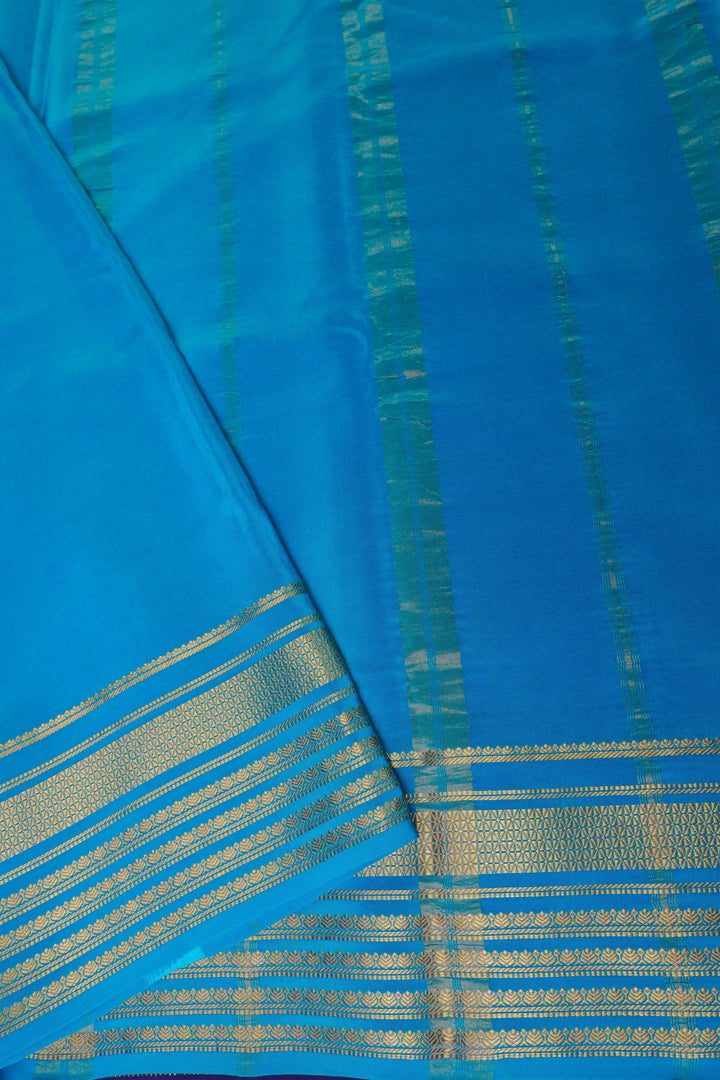 Big border 3D Pure Gold Lace Mysore Silk Saree in Purple and Blue Color with Contrast Blouse