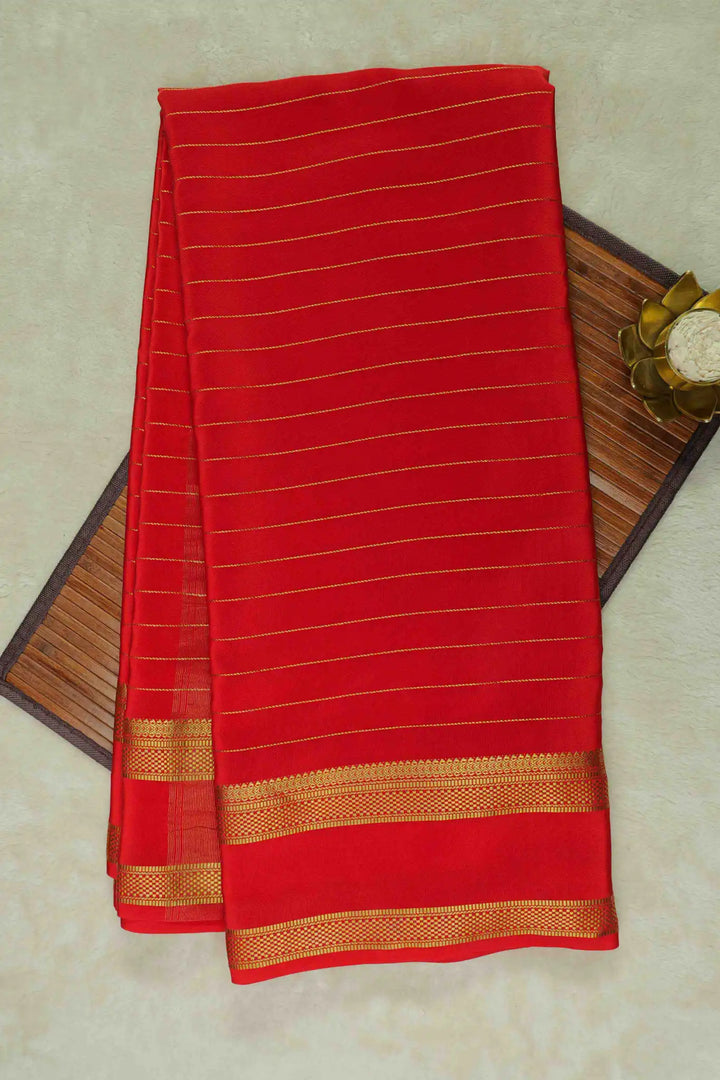 Checks Pattern Pure Mysore Silk Saree in Red Color with Gold Lace Border and Self Red Blouse Piece