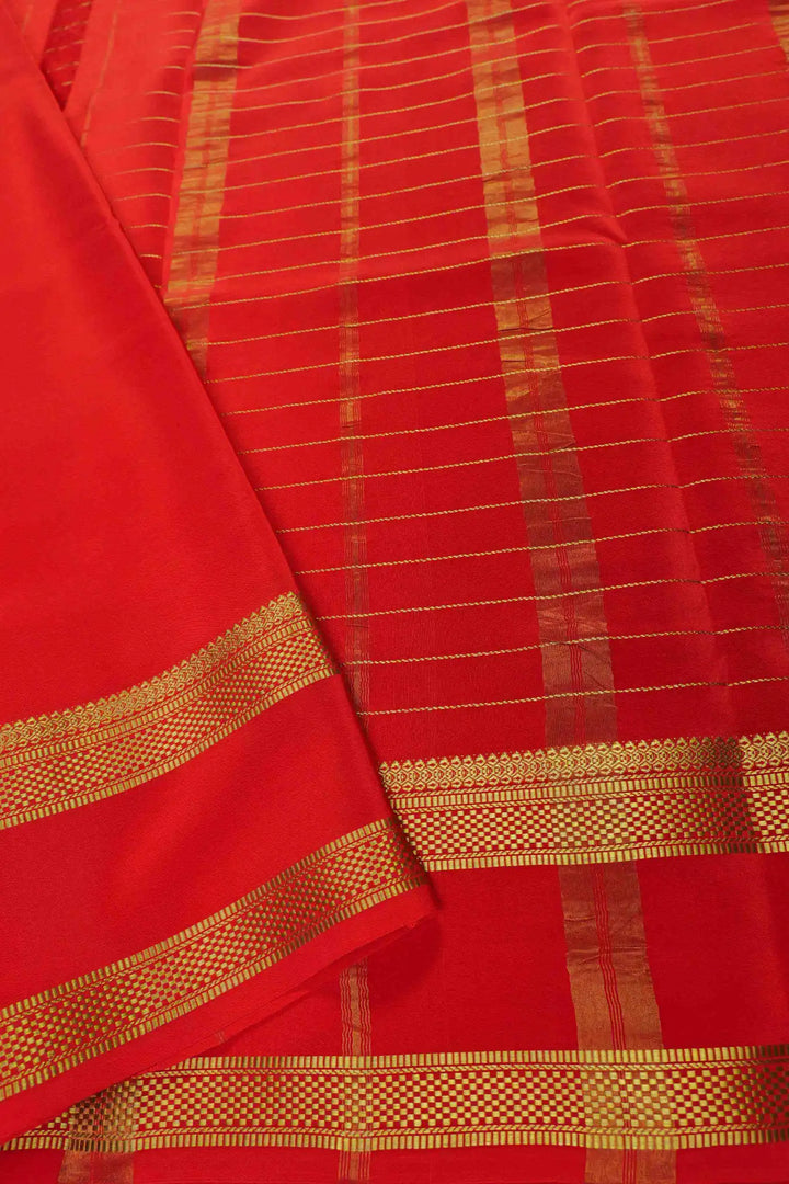 Checks Pattern Pure Mysore Silk Saree in Red Color with Gold Lace Border and Self Red Blouse Piece