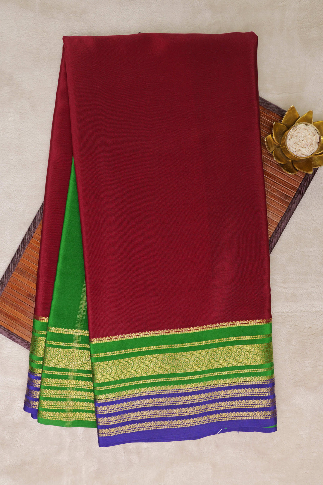 Big border 3D Pure Gold Lace Mysore Silk Saree in Maroon and Green Color with Contrast Blouse