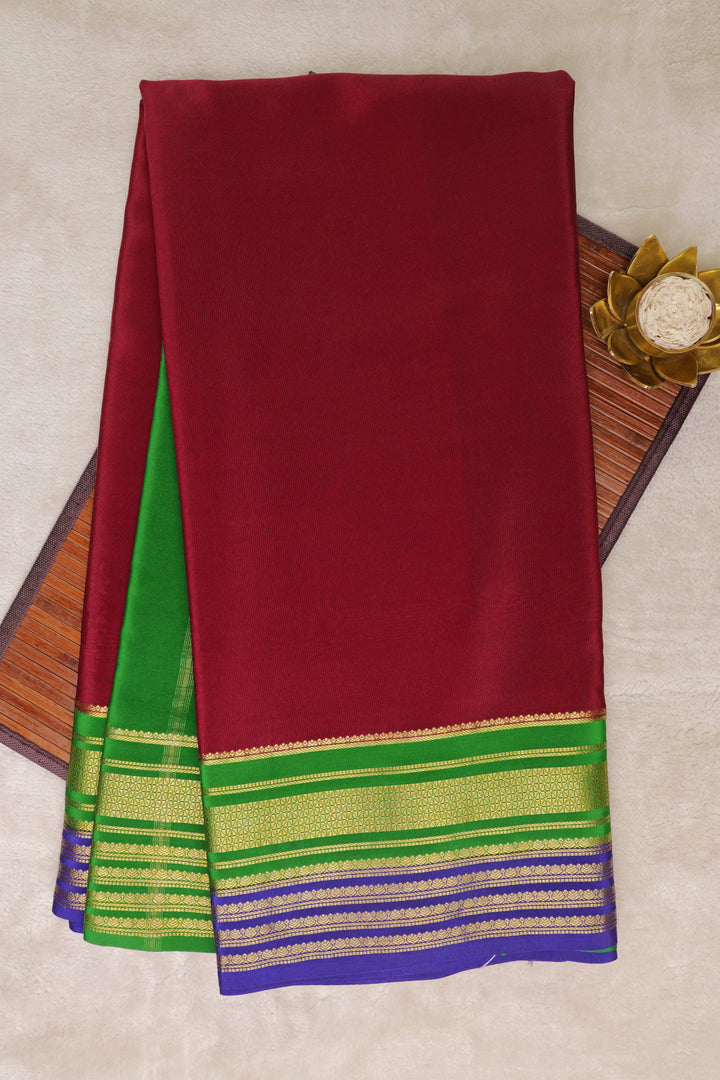 Big border 3D Pure Gold Lace Mysore Silk Saree in Maroon and Green Color with Contrast Blouse