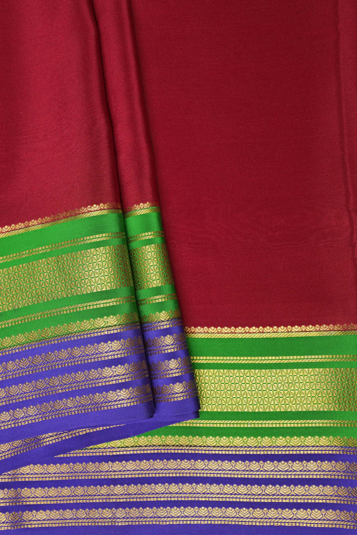 Big border 3D Pure Gold Lace Mysore Silk Saree in Maroon and Green Color with Contrast Blouse