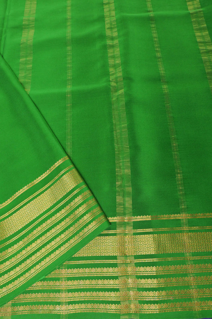 Big border 3D Pure Gold Lace Mysore Silk Saree in Maroon and Green Color with Contrast Blouse