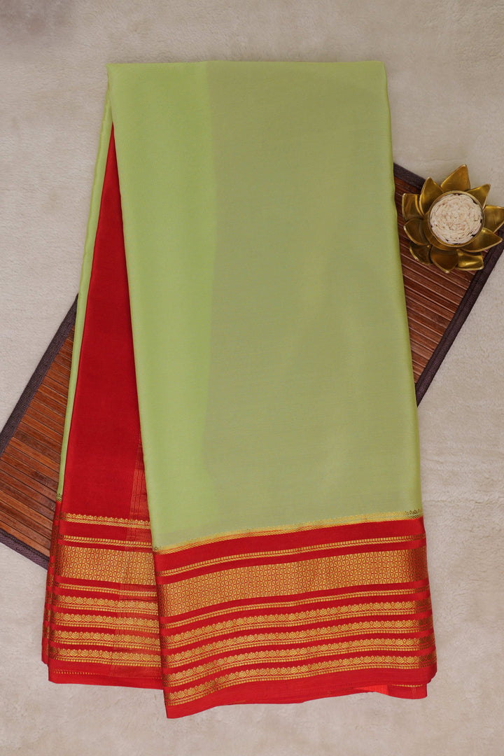 Big border Pure Gold Lace Mysore Silk Saree in Green and Orange Color with Contrast Blouse