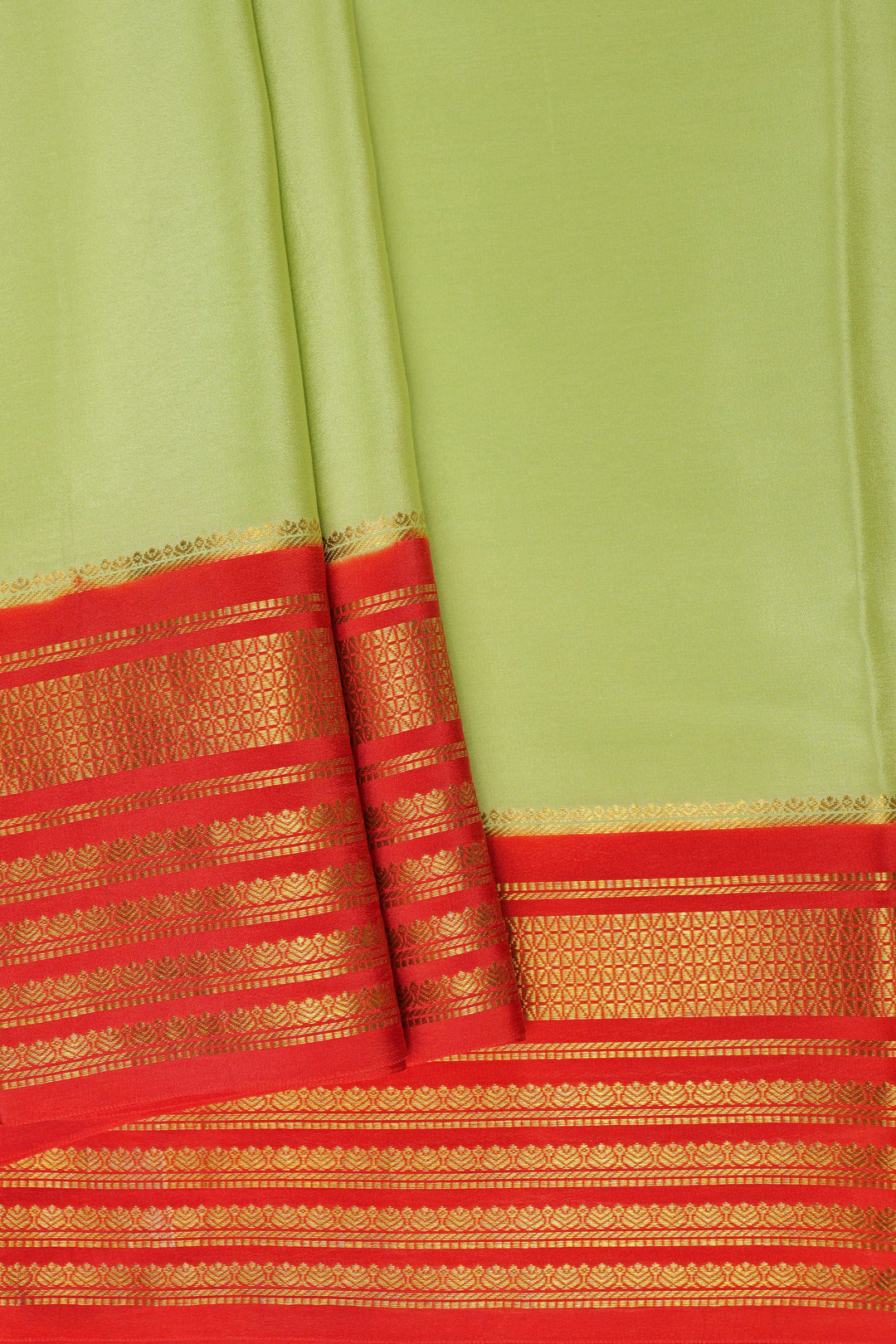 Big border Pure Gold Lace Mysore Silk Saree in Green and Orange Color with Contrast Blouse