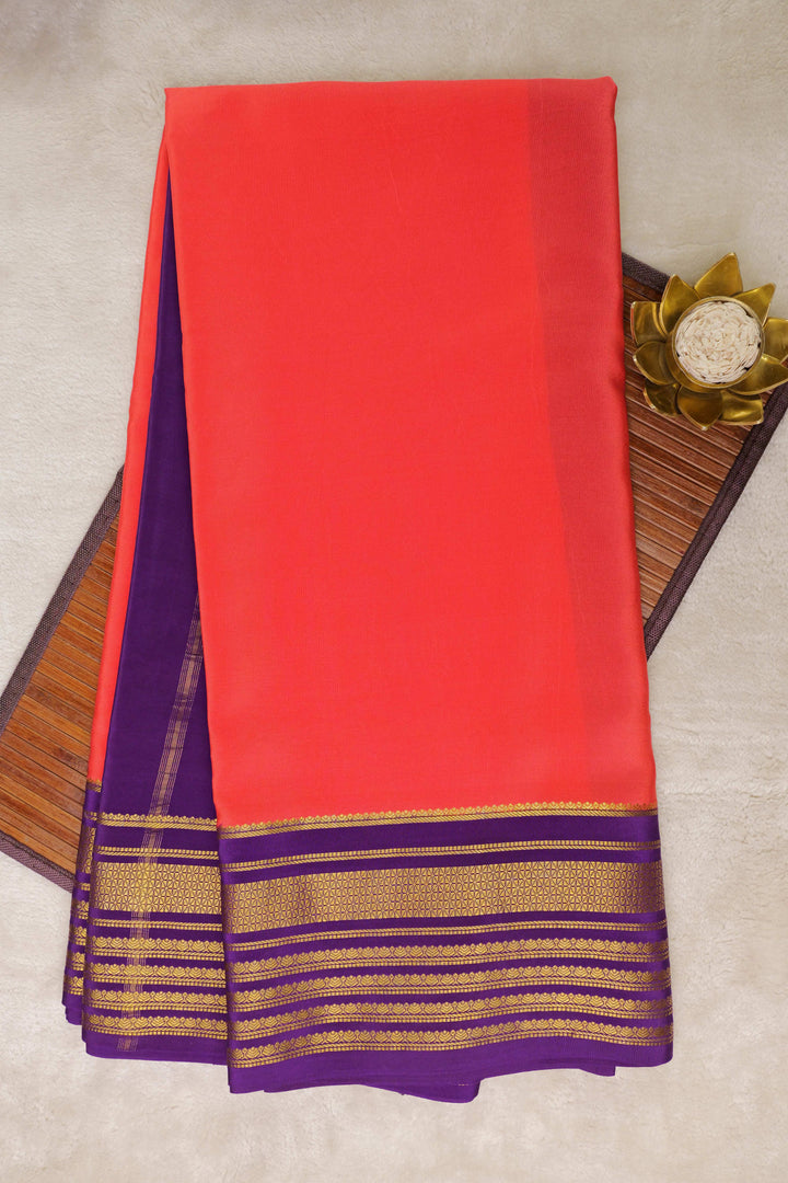 Big border Pure Gold Lace Mysore Silk Saree in Orange and Purple Color with Contrast Blouse