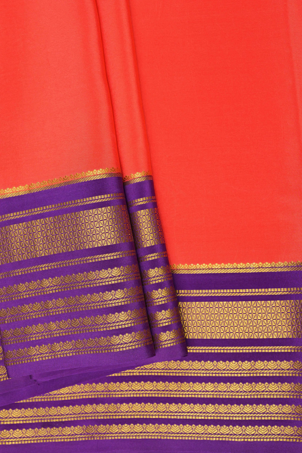 Big border Pure Gold Lace Mysore Silk Saree in Orange and Purple Color with Contrast Blouse