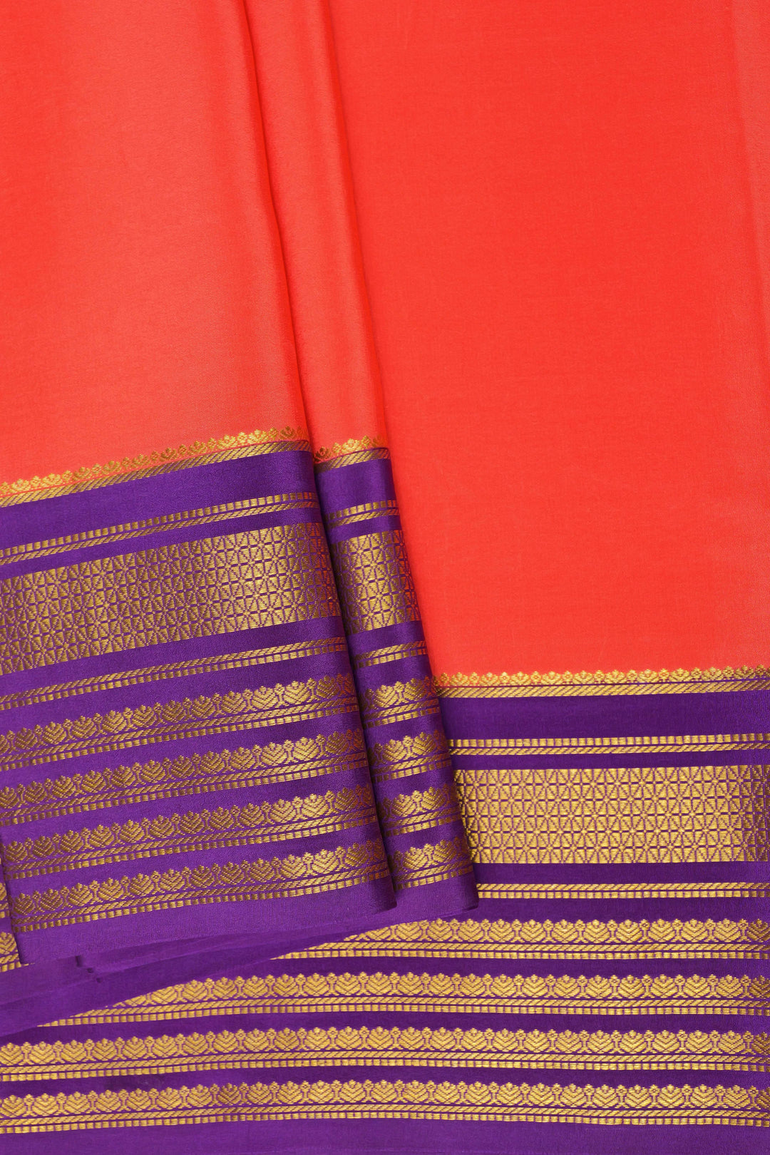 Big border Pure Gold Lace Mysore Silk Saree in Orange and Purple Color with Contrast Blouse