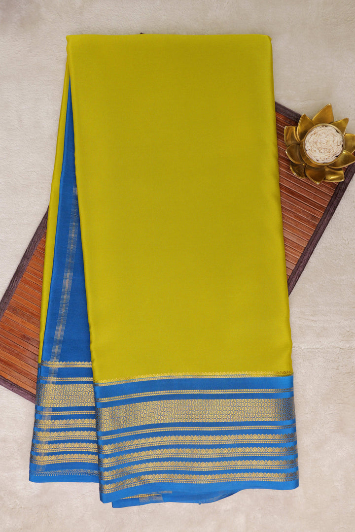 Big border Pure Gold Lace Mysore Silk Saree in Green and Blue Color with Contrast Blouse